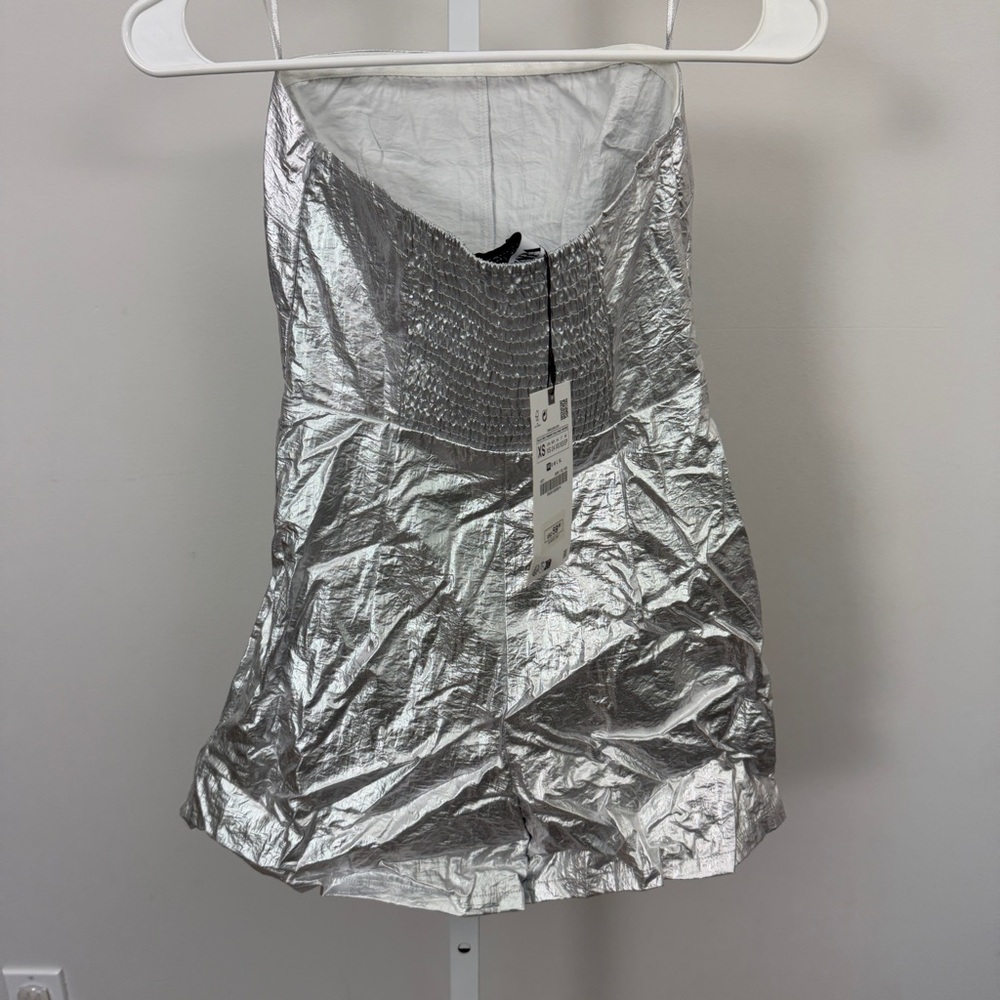 Zara RUCHED METALLIC MINI ROMPER DRESS SIZE XS NWT - Picture 9 of 9